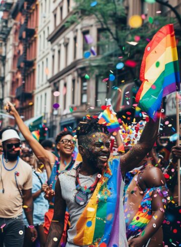 Pride parade crowd with rainbow flags and confetti celebrating in a city street.